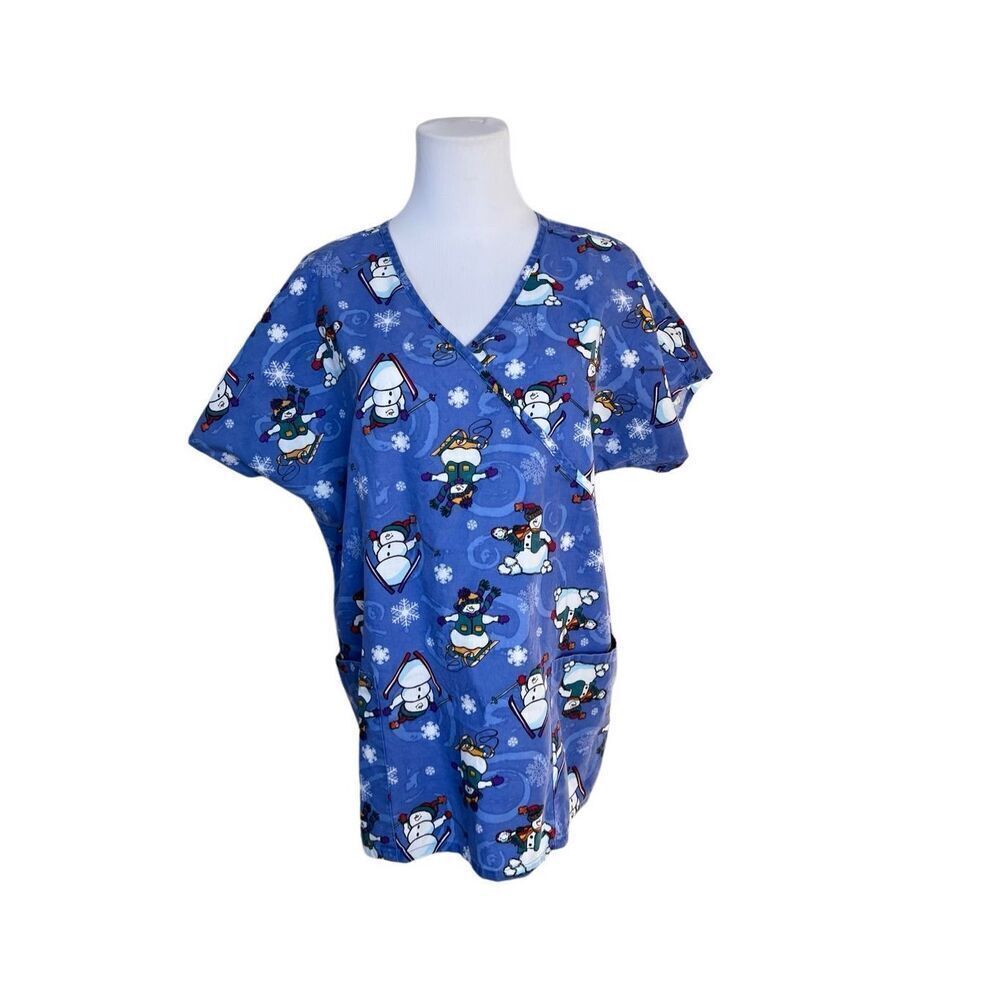 JIJ Scrubs Blue Snowman Snowflake‎ Scrub Medical Top LARGE Wintertime Snow